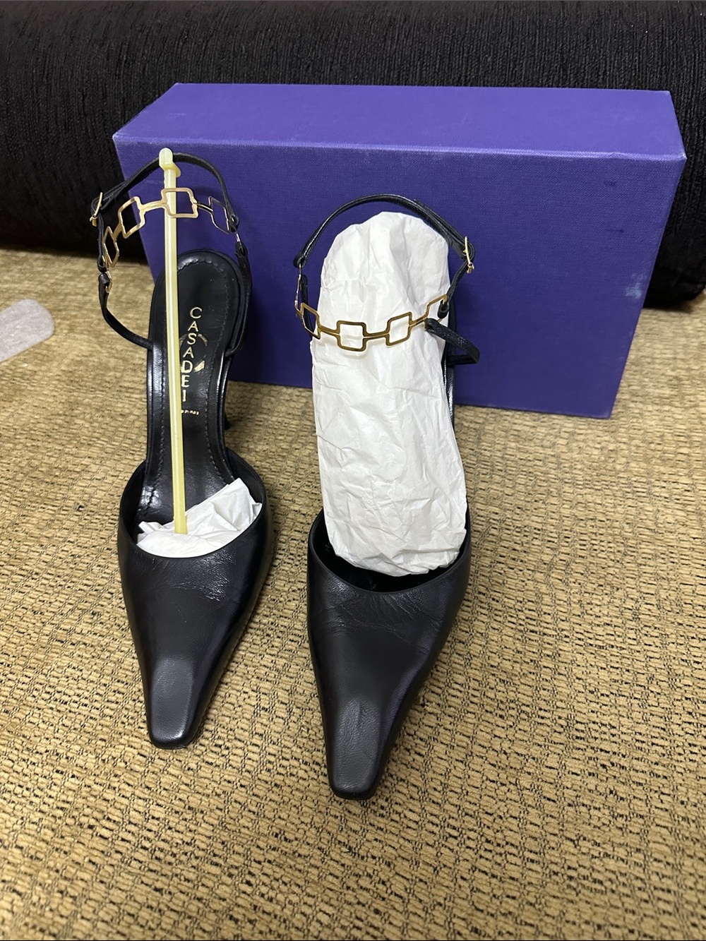 Casadei Black Leather Pointed Toe Heels with Gold Link Ankle Strap